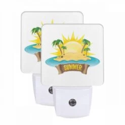 Night Light Set Of 2, A Sunny Beach With A Palm Tree Logo.
