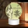 Round Acrylic Night Light, A Woman In A Bikini Is Standing On A Beach.