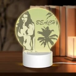 Round Acrylic Night Light, A Woman In A Bikini Is Standing On A Beach.