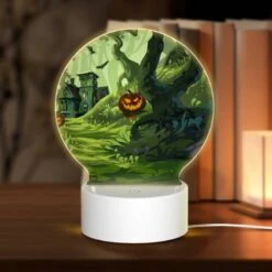 Round Acrylic Night Light, A Colorful Cartoon Scene Of A House With A Pumpkin On The Doorstep And A Tree With A Pumpkin On It.
