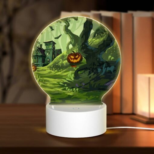 Round Acrylic Night Light, A Colorful Cartoon Scene Of A House With A Pumpkin On The Doorstep And A Tree With A Pumpkin On It. -Acrylic Night Light Shop 94feed2802ab95fb623f9ec67667c1bf72d86918
