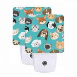 Night Light Set Of 2, A Collection Of Cute Cat And Dog Faces.