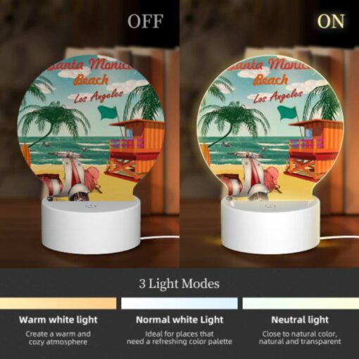 Round Acrylic Night Light, A Colorful Beach Scene With A Surfboard -Acrylic Night Light Shop 96f8c1ff548b909fd6bdab540762612e60d06bc1