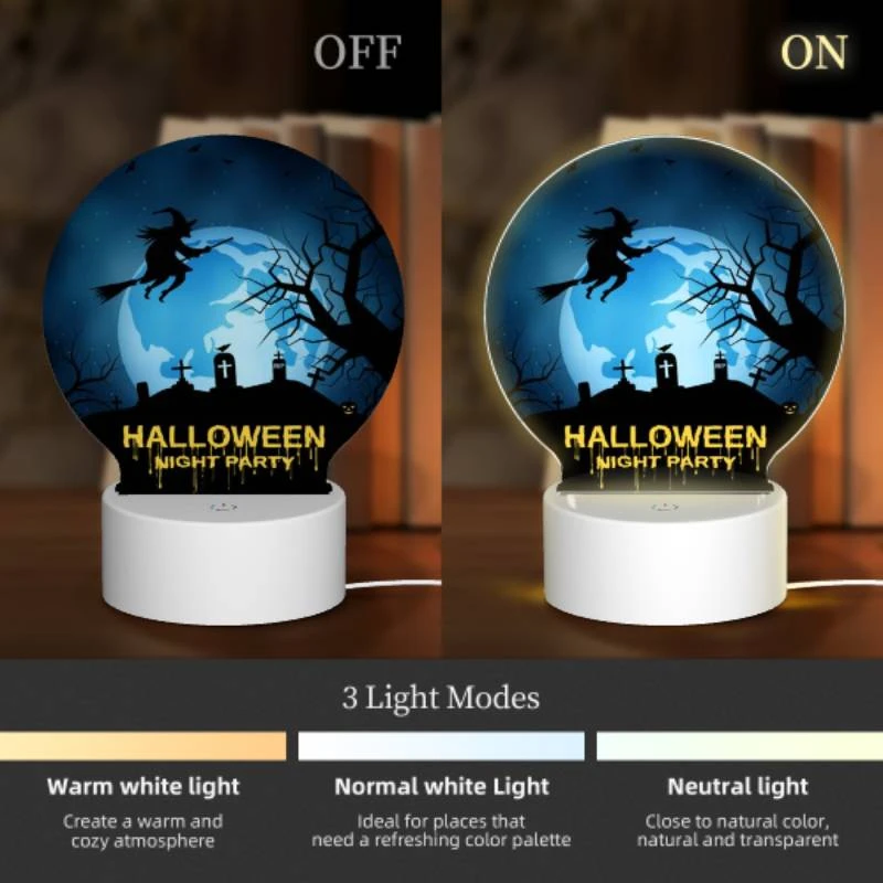 Round Acrylic Night Light, A witch flies over a Halloween night party. Round Acrylic Night Light, A Witch Flies Over A Halloween Night Party. -Acrylic Night Light Shop 96ff08ba48d5f4fb20cb17d424add354d7df9b97