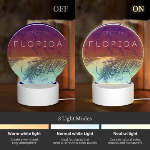 Round Acrylic Night Light, A Blue And Purple Circle With The Words "Florida USA" Written In White. -Acrylic Night Light Shop 98f5c8fe58ba88dfca2be18aa417efc02995efad
