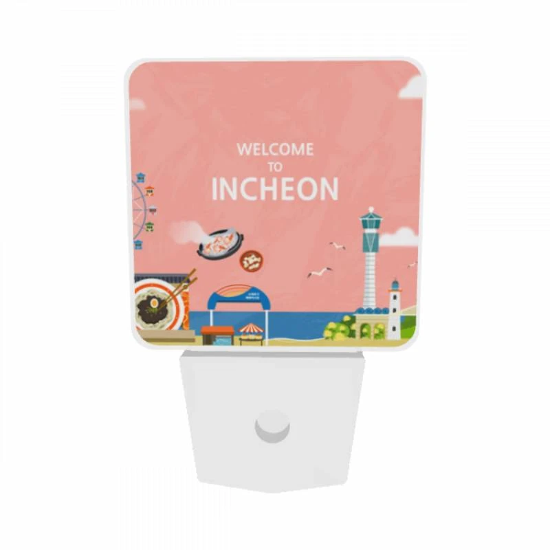 Night Light Set of 2, A colorful cartoon of a beach with a ferris wheel and a sign that says "Welcome to Incheon." Night Light Set Of 2, A Colorful Cartoon Of A Beach With A Ferris Wheel And A Sign That Says "Welcome To Incheon." -Acrylic Night Light Shop 99a85a9c74939b34d68c0c339e27b82b8943c1ba