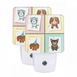 Night Light Set Of 2, Four Different Colored Pictures Of Dogs.