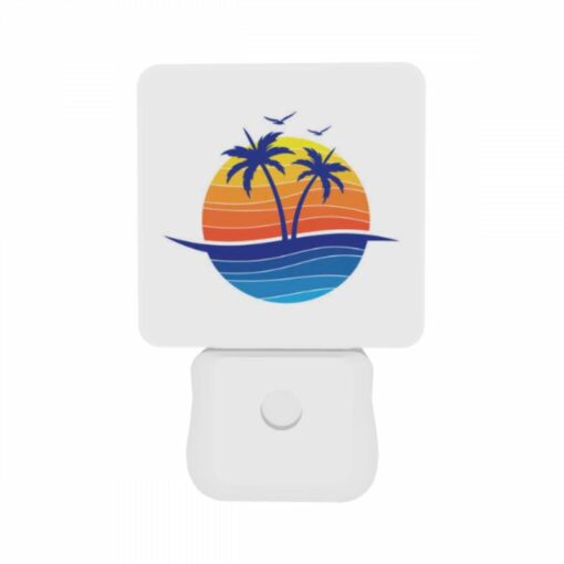 Night Light Set Of 2, A Blue And Orange Logo Of A Beach With Palm Trees. -Acrylic Night Light Shop 9e9c7194b4aae4e09de2bf9ee2d6a2ad57f264ba