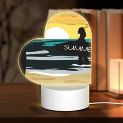 Love Acrylic Night Light, A Woman Is Walking On The Beach With A Surfboard.