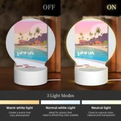 Round Acrylic Night Light, A Colorful Cartoon Of A Beach With A House And Palm Trees. -Acrylic Night Light Shop 9f9508a68ad7121e2d876d6f12dac5b5c1df386d