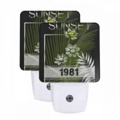 Night Light Set Of 2, A Picture Of A Sunset With A Palm Tree In The Foreground.