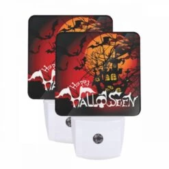 Night Light Set Of 2, A Halloween Poster With A Castle And Bats.