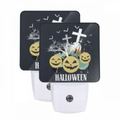 Night Light Set Of 2, A Black And White Image Of Halloween Decorations.