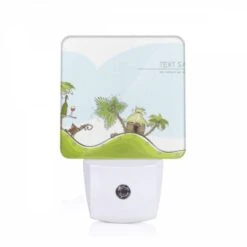 Night Light, A Cartoon Of A Hill With A Palm Tree And A Bottle Of Wine.