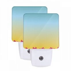 Night Light Set Of 2, A Colorful Sunset With Palm Trees And A Blue Sky.