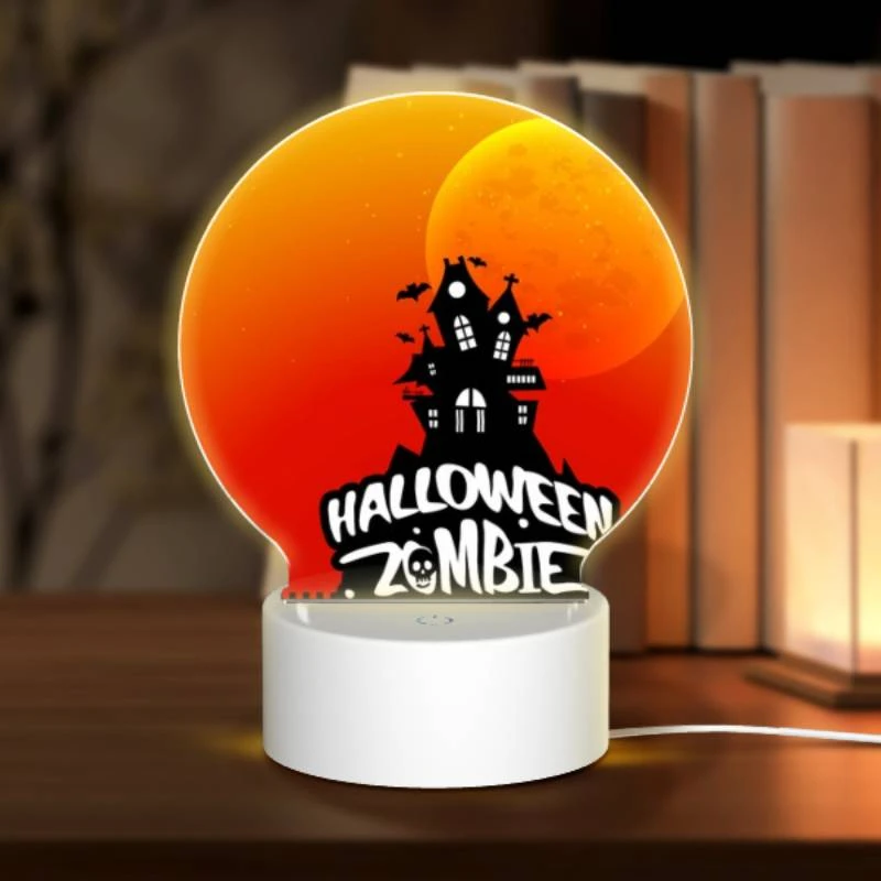 Round Acrylic Night Light, A Halloween party is advertised with a spooky house and a moon in the background. Round Acrylic Night Light, A Halloween Party Is Advertised With A Spooky House And A Moon In The Background. -Acrylic Night Light Shop afd8aff662fc7ed3f48aaaffe2d36c3292139487