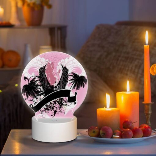Round Acrylic Night Light, A Pink And Black Image Of A Bird With A Letter "U" On It. -Acrylic Night Light Shop b3ba730212a60ed97b74f2629f7860c315017147
