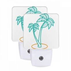 Night Light Set Of 2, A Green And Blue Palm Tree With A Blue Trunk.