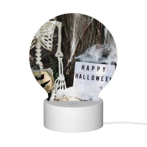 Round Acrylic Night Light, A Skeleton And A Pumpkin Are Placed Next To A Sign That Reads "Happy Halloween." -Acrylic Night Light Shop b68fcd8147872bc0aeb2164a21a6523b482737d7