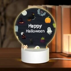 Round Acrylic Night Light, A Collection Of Halloween Symbols And Images.