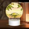 Round Acrylic Night Light, A Sunset With A Beach And Palm Trees In The Background.