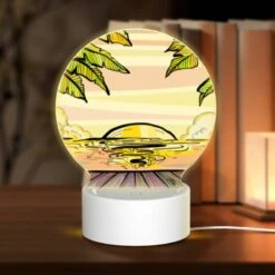 Round Acrylic Night Light, A Sunset With A Beach And Palm Trees In The Background.