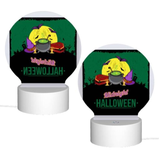 Round Acrylic Night Light, A Poster With A Witches Hat And A Cauldron With A Green Background. -Acrylic Night Light Shop bf5ce0626847f1024b0bb9e875f444c1131061b6