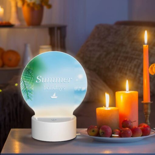 Round Acrylic Night Light, A Picture Of A Beach With A Boat And Palm Trees. -Acrylic Night Light Shop c04bd3ebd8ccb9934b99ea20b052bf336bdd3b85