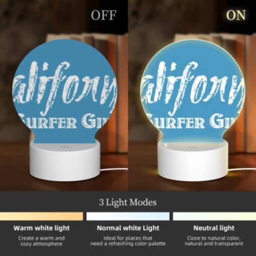 Round Acrylic Night Light, A Blue Sign That Says "California Surfer Girls.". -Acrylic Night Light Shop c0ba6185d3e264e2bc28eafe28089a8cf0929e77