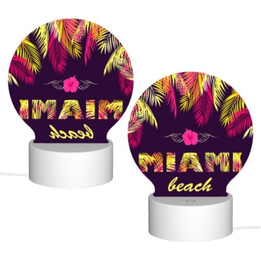 Round Acrylic Night Light, A Colorful Beach Scene With Palm Trees And The Word "Miami" Written In Yellow. -Acrylic Night Light Shop c0f2ff28fa4f38f8fe73b57e04d735d3456c02c2