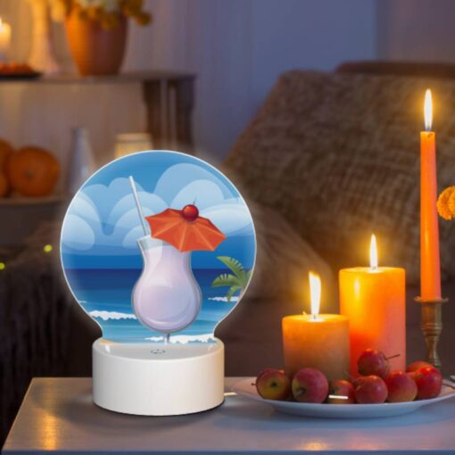 Round Acrylic Night Light, A Cocktail With A Cherry On Top Is Sitting On A Beach. -Acrylic Night Light Shop c2828538cac161c218b923b0b26f155ea483a266