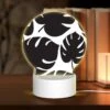 Round Acrylic Night Light, A Pattern Of Leaves On A Black And White Background.