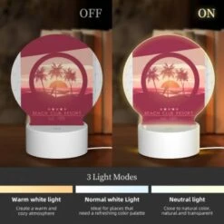 Round Acrylic Night Light, A Poster Of A Beach Resort With A Sunset In The Background. -Acrylic Night Light Shop c40da470815f0a7b2c1fce016aa700edc993223d