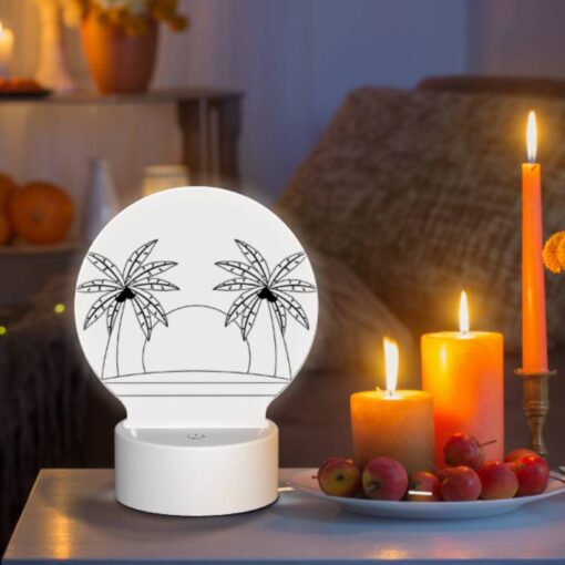 Round Acrylic Night Light, A Black And White Drawing Of A Hat With Two Palm Trees On Either Side. -Acrylic Night Light Shop c44b7d50df2942d9fa460bbbe949a1a2dfd91a96