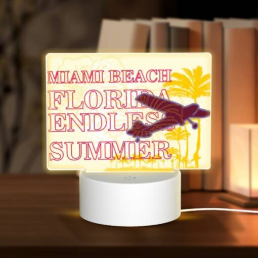 Rectangular Acrylic Night Light, A Plane Is Flying Over A Beach With The Words "Miami Beach Florida" Written On It. -Acrylic Night Light Shop c5313d21572145838ceb8375ee17c8531b59894e