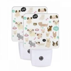 Night Light Set Of 2, A Collection Of Cartoon Dogs And Cats With Various Expressions And Poses.