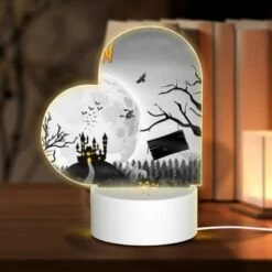 Love Acrylic Night Light, A Halloween Poster With A Haunted House And A Moon.