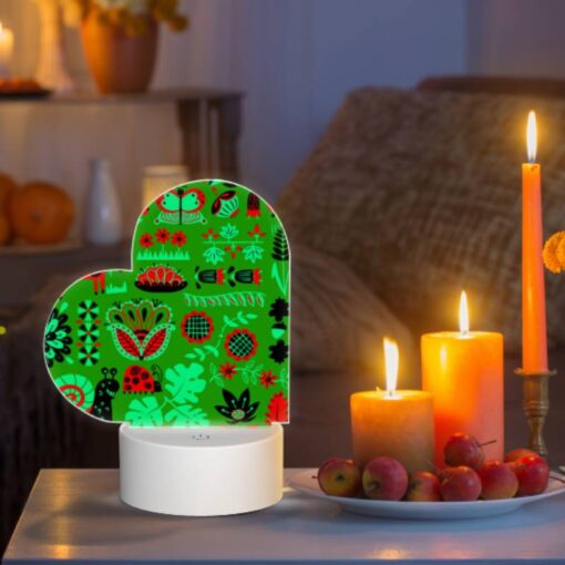 Love Acrylic Night Light, A Green And Red Patterned Fabric With Various Plants And Animals On It. -Acrylic Night Light Shop ca05a9e74aa1bb1728449b2892fc42bf8afa4a78