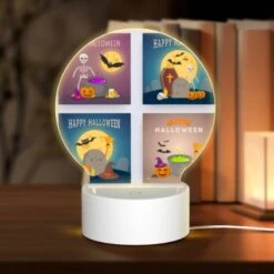 Round Acrylic Night Light, A Collection Of Four Different Halloween Posters.