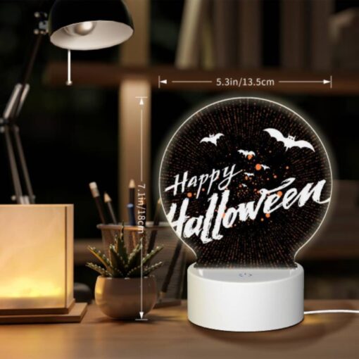 Round Acrylic Night Light, A Black And White Image Of Bats And The Words "Happy Halloween" Written In Orange. -Acrylic Night Light Shop ca7f4e851788f60ea3ee95a479903eb97a8ca2a9