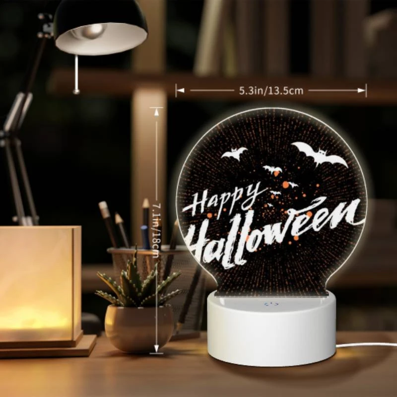 Round Acrylic Night Light, A black and white image of bats and the words "Happy Halloween" written in orange. Round Acrylic Night Light, A Black And White Image Of Bats And The Words "Happy Halloween" Written In Orange. -Acrylic Night Light Shop ca7f4e851788f60ea3ee95a479903eb97a8ca2a9