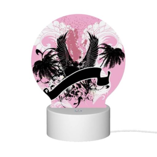 Round Acrylic Night Light, A Pink And Black Image Of A Bird With A Letter "U" On It. -Acrylic Night Light Shop cc590d84ed854ff823c573998b28d14af39a00a9