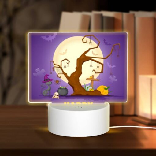 Rectangular Acrylic Night Light, A Tree With Halloween Decorations And A Banner That Says "Happy Halloween." -Acrylic Night Light Shop cdb424fac7c997deba22fc5a523f43dd24edf776