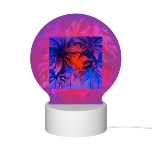 Round Acrylic Night Light, A Colorful Image Of Palm Trees With A Pink And Blue Background. -Acrylic Night Light Shop cdd42dc8b7b7480483ff8150af5fc0e2cd0c9a34
