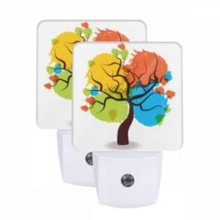 Night Light Set Of 2, A Tree With Four Different Colored Leaves.