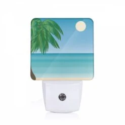 Night Light, A Palm Tree Is On A Beach With A Blue Sky And A Moon In The Background.