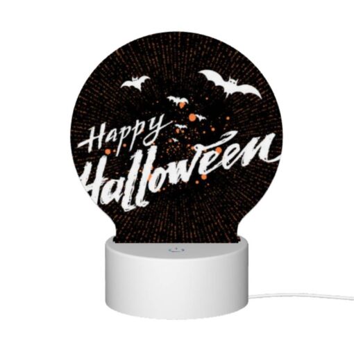 Round Acrylic Night Light, A Black And White Image Of Bats And The Words "Happy Halloween" Written In Orange. -Acrylic Night Light Shop d3ee56dd6c9fccde9ad4c6b2e41976078a74f422