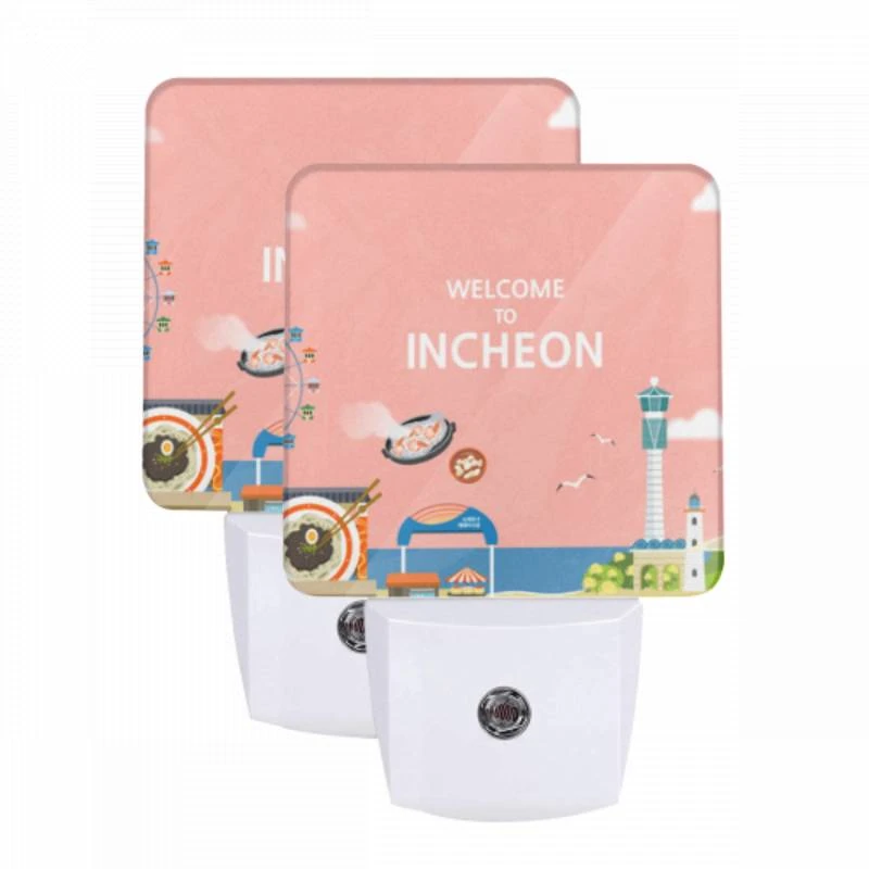 Night Light Set of 2, A colorful cartoon of a beach with a ferris wheel and a sign that says "Welcome to Incheon." Night Light Set Of 2, A Colorful Cartoon Of A Beach With A Ferris Wheel And A Sign That Says "Welcome To Incheon." -Acrylic Night Light Shop d4d581a321c3177572466e85dded5640560553b0