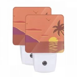 Night Light Set Of 2, A Sunset With A Palm Tree And Birds In The Sky.