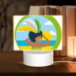 Rectangular Acrylic Night Light, A Woman Wearing A Grass Skirt And A Sun Hat Is Standing On A Beach.